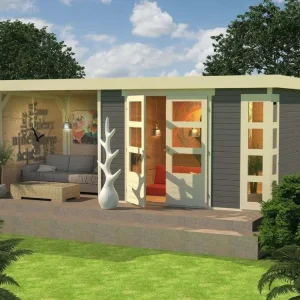 Tuinhuisje SET Kerko 5 19 mm terra grijs, incl. 2,4 m aangebouwd dak + zij- en achterwand Merkproduct