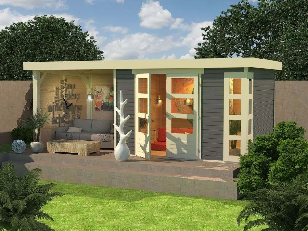 Tuinhuisje SET Kerko 5 19 mm terra grijs, incl. 2,4 m aangebouwd dak + zij- en achterwand Merkproduct