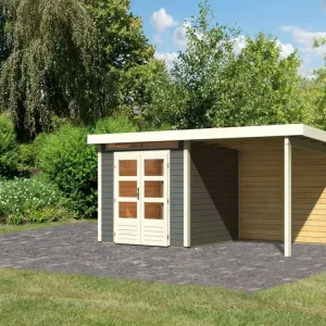 Uitverkoop Tuinhuis SET Kandern 3 28 mm terra grijs, incl. 2,6 m aanbouwdak + achterwand
