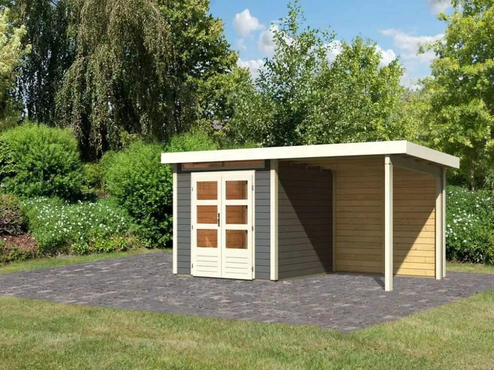 Uitverkoop Tuinhuis SET Kandern 3 28 mm terra grijs, incl. 2,6 m aanbouwdak + achterwand