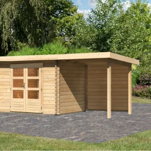 Tuinhuisje blokhut SET Bastrup 3 28 mm natuurlijke afwerking, incl. 2 m aanbouwdak + achterwand Populair