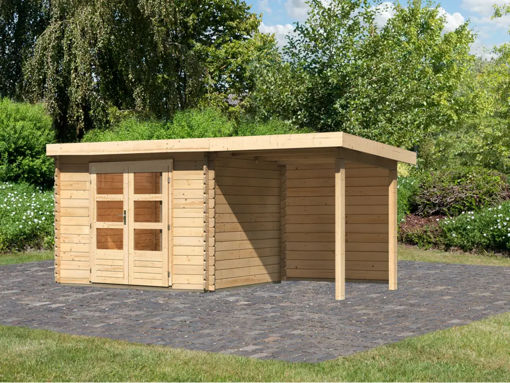 Tuinhuisje blokhut SET Bastrup 3 28 mm natuurlijke afwerking, incl. 2 m aanbouwdak + achterwand Populair