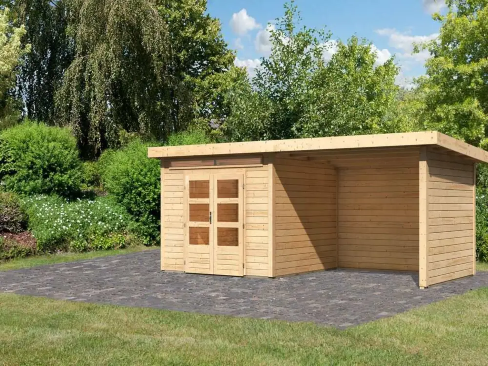 Tuinberging SET Kandern 6 28mm natuurlijke afwerking, incl. 3,2m aangebouwd dak + zij- en achterwand Shop Nu