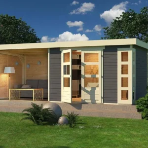 Express Levering Tuinhuisje SET Kerko 5 19 mm terra grijs, incl. 2,8 m opbouwdak + zij- en achterwand