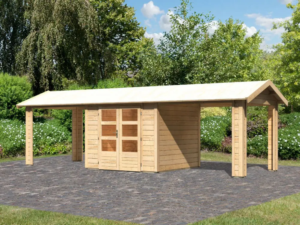 Tuinhuisje SET Theres 3 28 mm natuurlijke afwerking incl. twee 2,6 m dakopbouwelementen Direct Verzonden