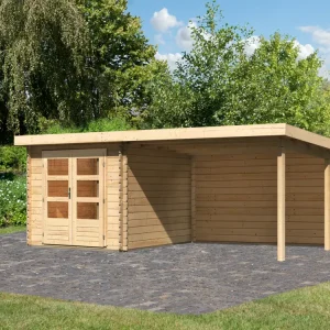 berging blokhut SET Bastrup 4 28 mm natuurlijke afwerking, incl. 3 m verlenging dak + achterwand Beste Prijs