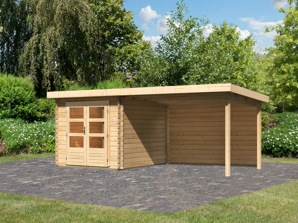 berging blokhut SET Bastrup 4 28 mm natuurlijke afwerking, incl. 3 m verlenging dak + achterwand Beste Prijs