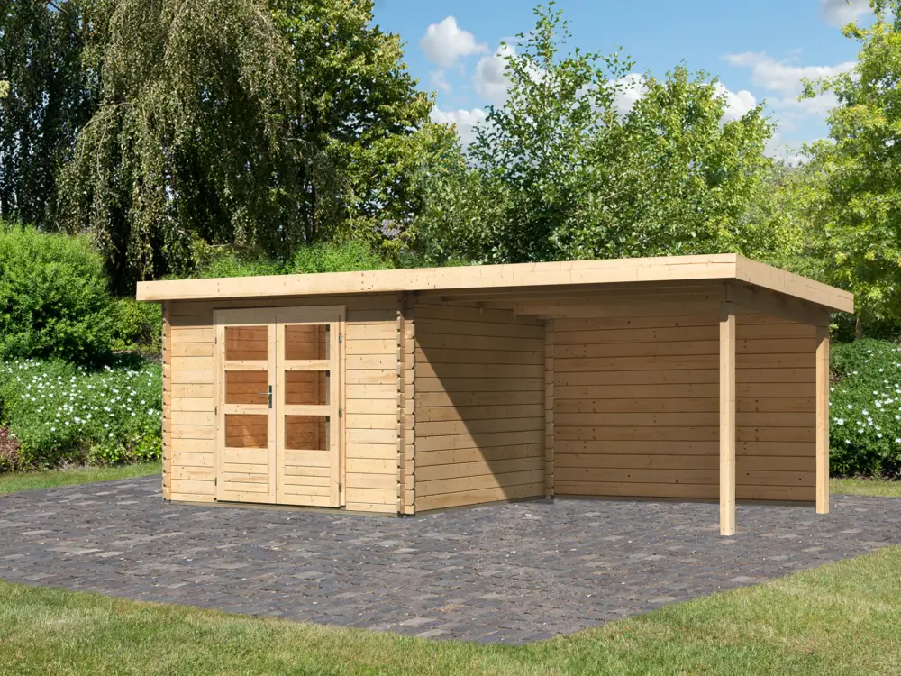 Beste Prijs berging blokhut SET Bastrup 5 28 mm natuurlijke afwerking, incl. 3 m verlenging dak + achterwand