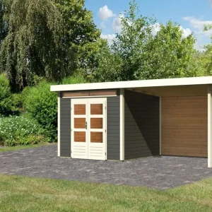Tuinhuis SET Kandern 6 28 mm terragrijs, incl. 3,2 m aanbouwdak + achterwand Aanbieding