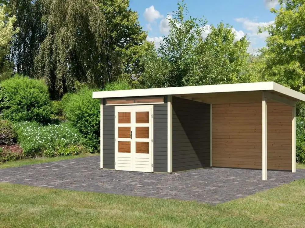 Tuinhuis SET Kandern 6 28 mm terragrijs, incl. 3,2 m aanbouwdak + achterwand Aanbieding