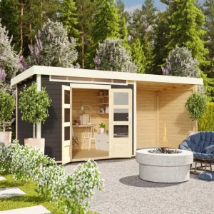 Hoge Kwaliteit Tuinhuis SET Kandern 7 28 mm terragrijs, incl. 3,2 m aanbouwdak + achterwand