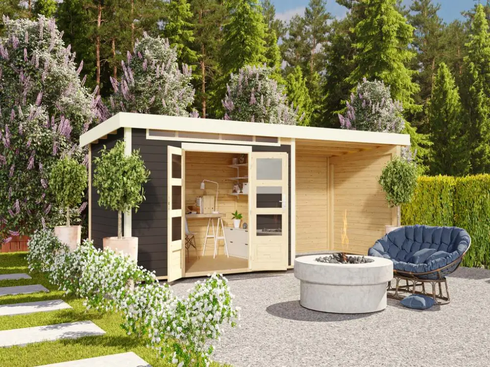 Hoge Kwaliteit Tuinhuis SET Kandern 7 28 mm terragrijs, incl. 3,2 m aanbouwdak + achterwand