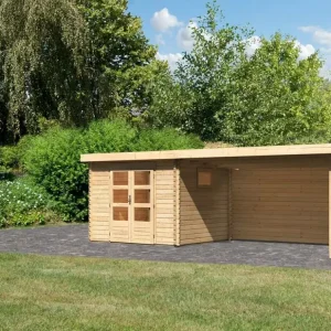 Bestseller Tuinberging blokhut SET Trittau 3 38 mm natuurlijke afwerking, incl. 3 m aanbouwdak + achterwand