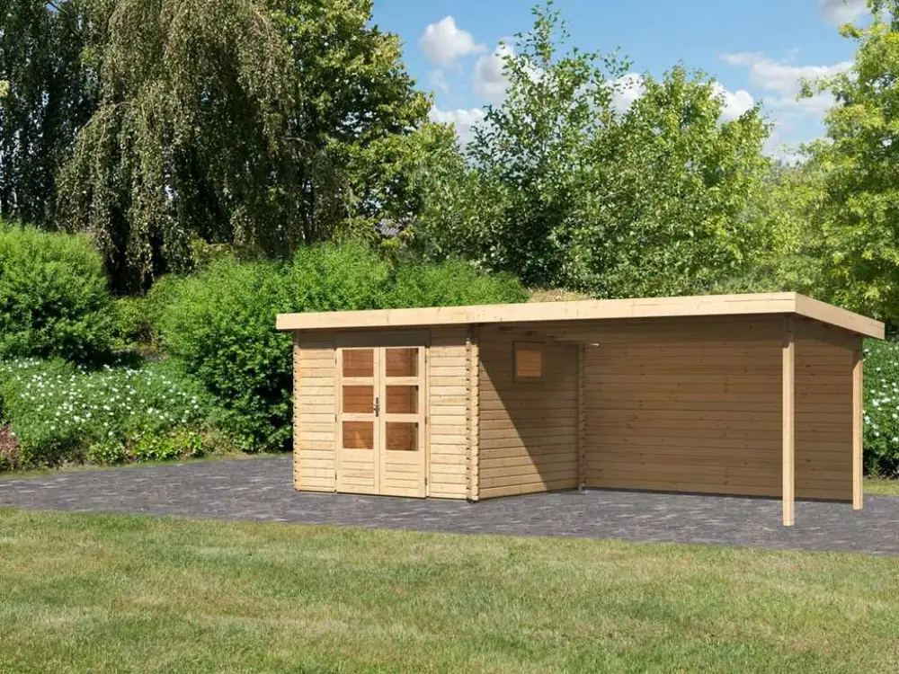Bestseller Tuinberging blokhut SET Trittau 3 38 mm natuurlijke afwerking, incl. 3 m aanbouwdak + achterwand
