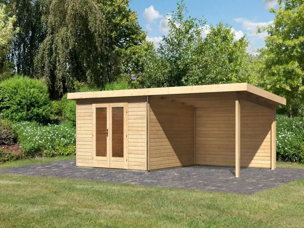 Tuinhuisje SET Radeburg 1 40 mm natuurlijke afwerking incl. 3,3 m aanbouwdak + achterwand Favoriet