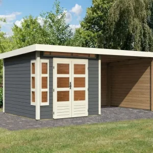 Nu Kopen Berging SET Kastorf 6 28 mm terra grijs incl. 3,2 m opbouw dak + achterwand + zijwand