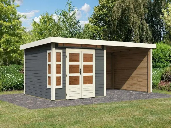 Nu Kopen Berging SET Kastorf 6 28 mm terra grijs incl. 3,2 m opbouw dak + achterwand + zijwand