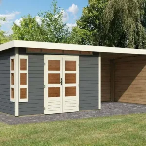 Goedkoop berging SET Kastorf 7 28 mm terra grijs incl. 3,2 m opbouw dak + achterwand + zijwand