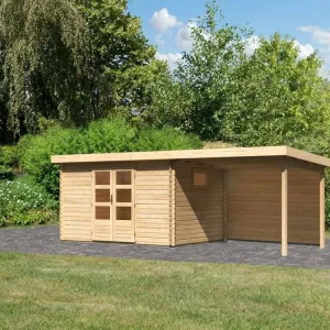 Speciale Aanbieding berging blokhut SET Trittau 5 38 mm natuurlijke afwerking, incl. 3 m aanbouwdak achterwand
