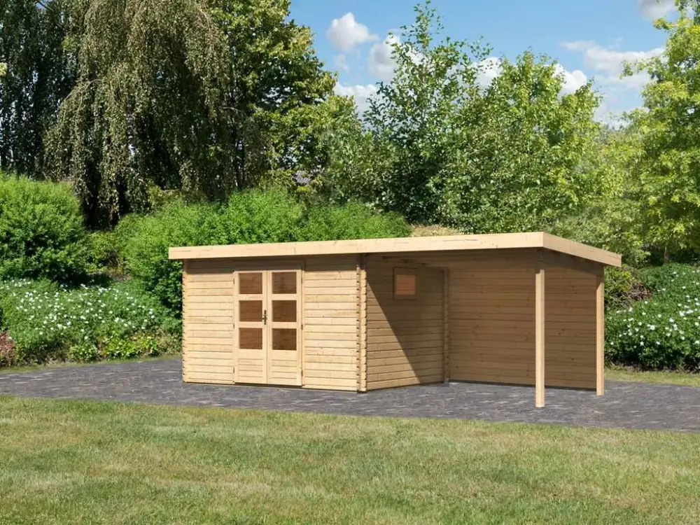 Speciale Aanbieding berging blokhut SET Trittau 5 38 mm natuurlijke afwerking, incl. 3 m aanbouwdak achterwand