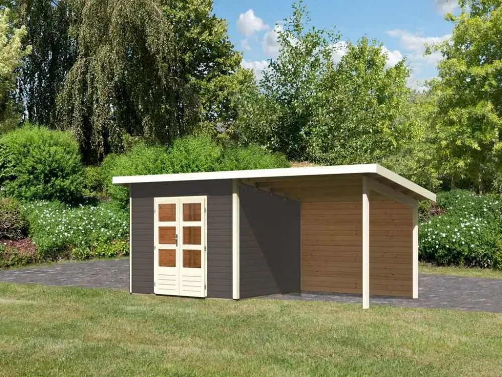Beperkt Aanbod Tuinhuisje SET Northeim 3 40 mm terra grijs, incl. 3,3 m aanbouwdak + achterwand