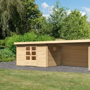 Bestseller berging blokhut SET Trittau 5 38 mm natuurlijke afwerking, incl. 4 m aanbouwdak achterwand