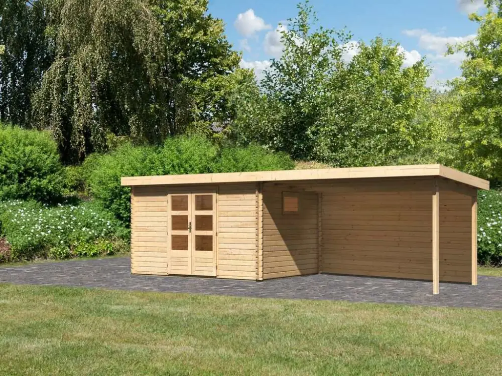 Bestseller berging blokhut SET Trittau 5 38 mm natuurlijke afwerking, incl. 4 m aanbouwdak achterwand