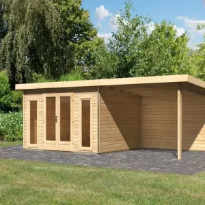 Tuinhuisje SET Radeburg 2 40 mm natuurlijke afwerking incl. 3,3 m aangebouwd dak + achterwand Gereduceerde Prijs