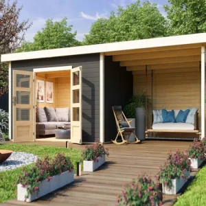 Tuinhuisje SET Northeim 4 40 mm terra grijs, incl. 3,3 m aanbouwdak + achterwand Flitsaanbieding