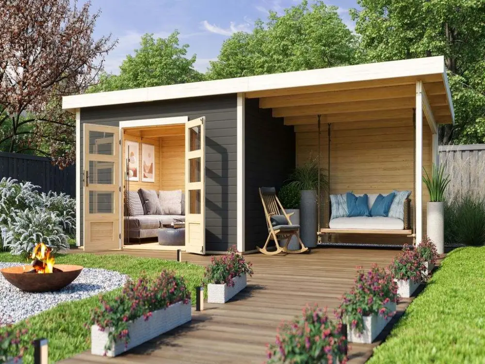 Tuinhuisje SET Northeim 4 40 mm terra grijs, incl. 3,3 m aanbouwdak + achterwand Flitsaanbieding
