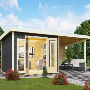 Merkproduct Tuinhuisje SET Radeburg 2 40 mm terra grijs incl. 3,3 m opbouwdak + achterwand
