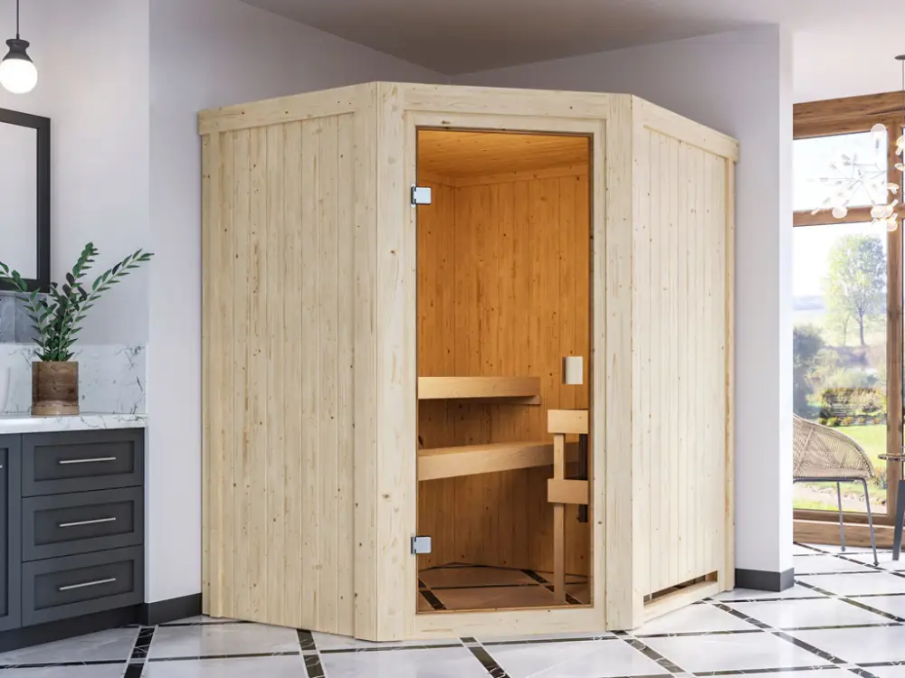 Laatste Versie Elementensauna 68 mm Celine 0 SPARSET incl. 4,5 kW bio combikachel en extra bedieningsunit