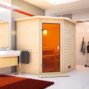 Massief houten sauna 38 mm Mila SPARSET incl. 9 kW saunakachel en extra bedieningselement Superprijs
