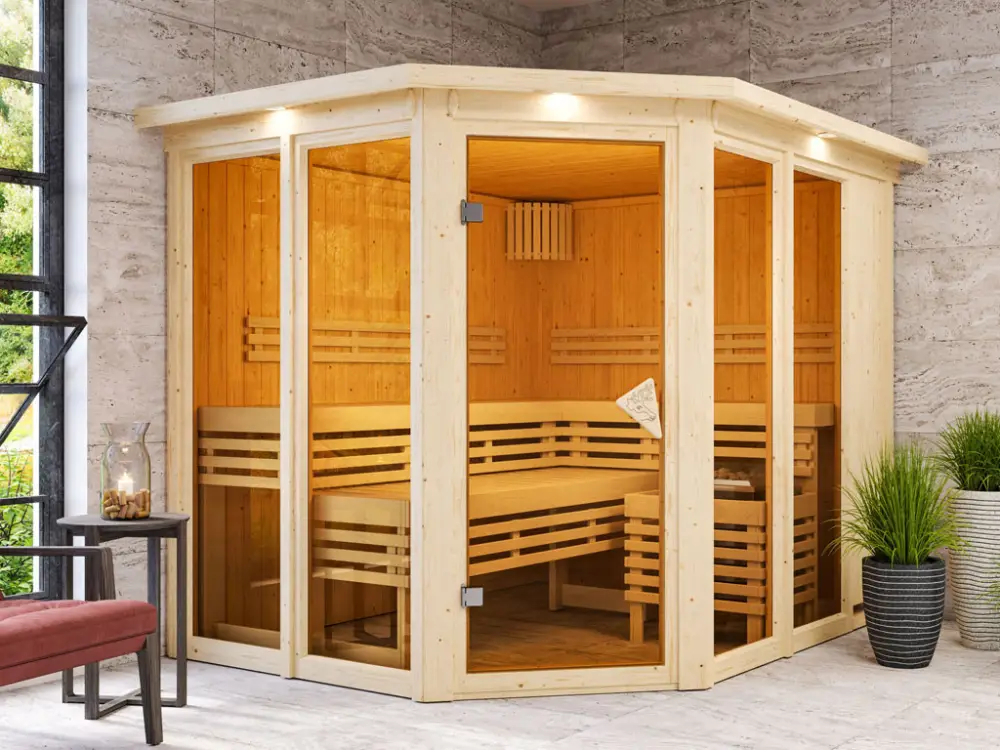Sauna systeemsauna Premiumsauna Nuri spaarset incl. 9 kW saunakachel met geïntegreerde bedieningsuni Veilige Betaling