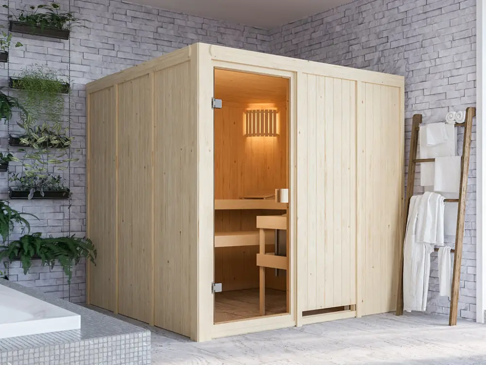 Hete Deal Elementensauna 68 mm Celine 3 SPARSET incl. 6,8 kW Glow saunakachel en externe bedieningseenheid
