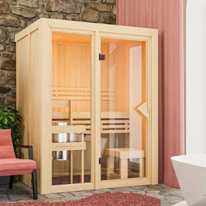 Hoge Kwaliteit Sauna systeemsauna VOORDEELSET Paradiso 1 incl. 3,6 kW kachel met externe bedieningsunit