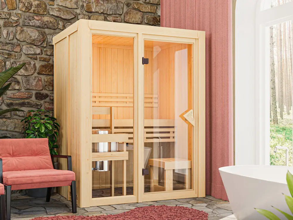 Hoge Kwaliteit Sauna systeemsauna VOORDEELSET Paradiso 1 incl. 3,6 kW kachel met externe bedieningsunit