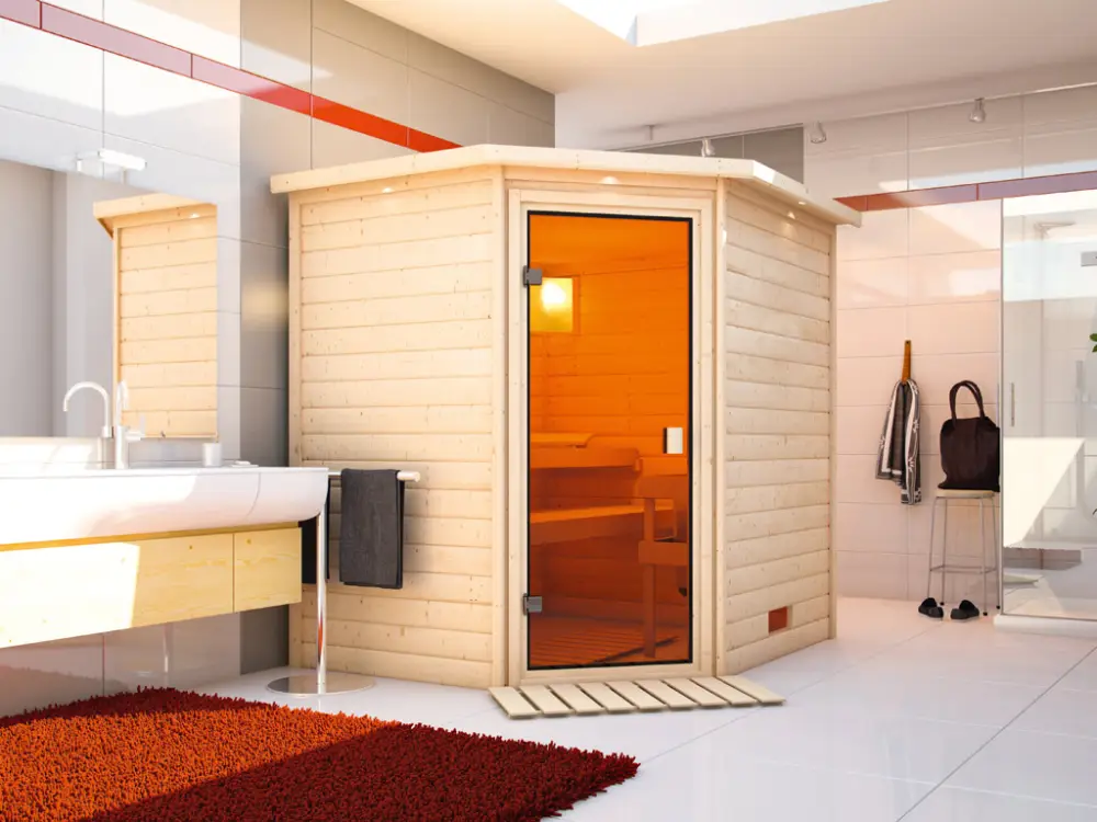 Massief houten sauna 38 mm Mila SPARSET incl. 9 kW bio combikachel en externe bedieningseenheid Seizoensaanbieding