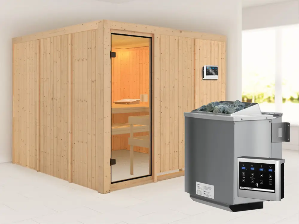 Elementensauna 68 mm Celine 8 SPARSET incl. 9 kW bio combikachel en extra bedieningselement Beste Prijs