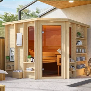 Seizoensaanbieding Massief houten sauna Marona met bronskleurige glazen deur