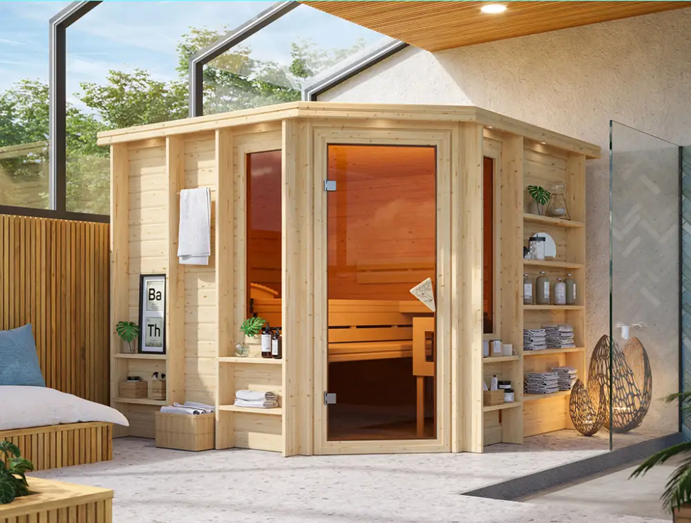 Seizoensaanbieding Massief houten sauna Marona met bronskleurige glazen deur