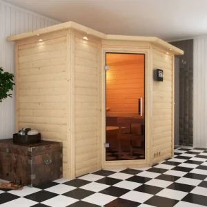 Massief houten sauna Premium sauna 38 mm Betty SPARSET incl. 9 kW bio combikachel Dagaanbieding