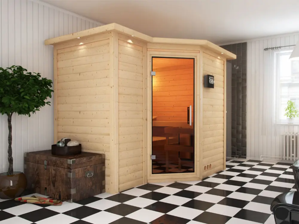 Massief houten sauna Premium sauna 38 mm Betty SPARSET incl. 9 kW bio combikachel Dagaanbieding