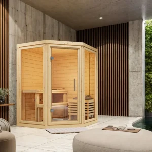 Voordeelset massief houten sauna Yalda incl. 9 kW saunakachel met geïntegreerde besturing Meest Verkocht