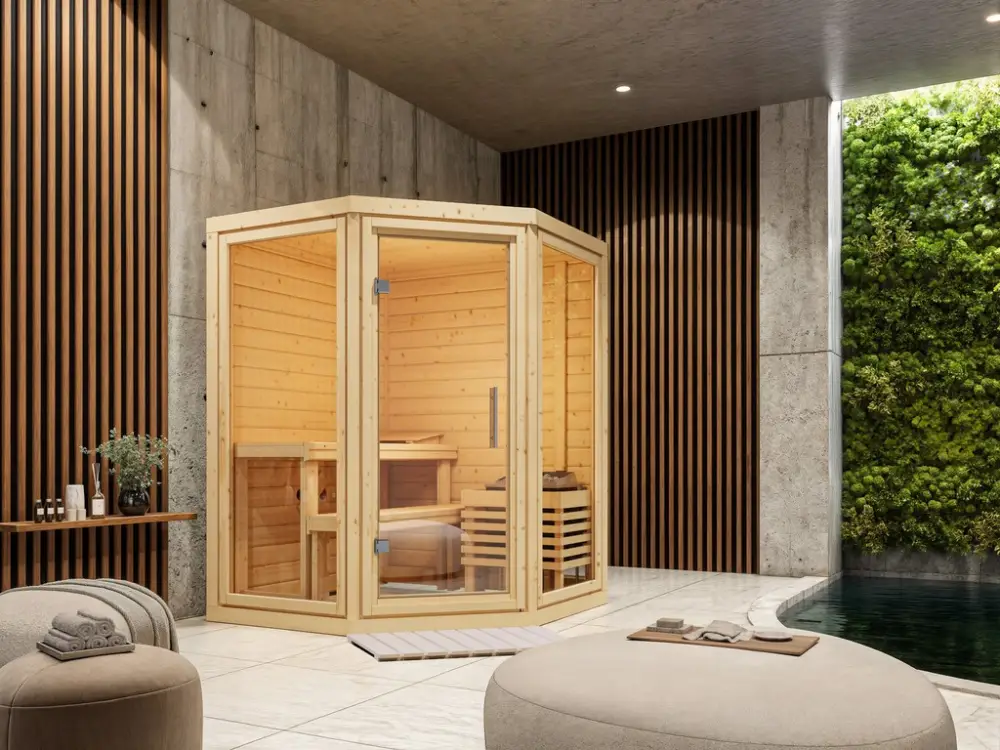 Voordeelset massief houten sauna Yalda incl. 9 kW bio-combikachel met externe besturing Lage Prijs