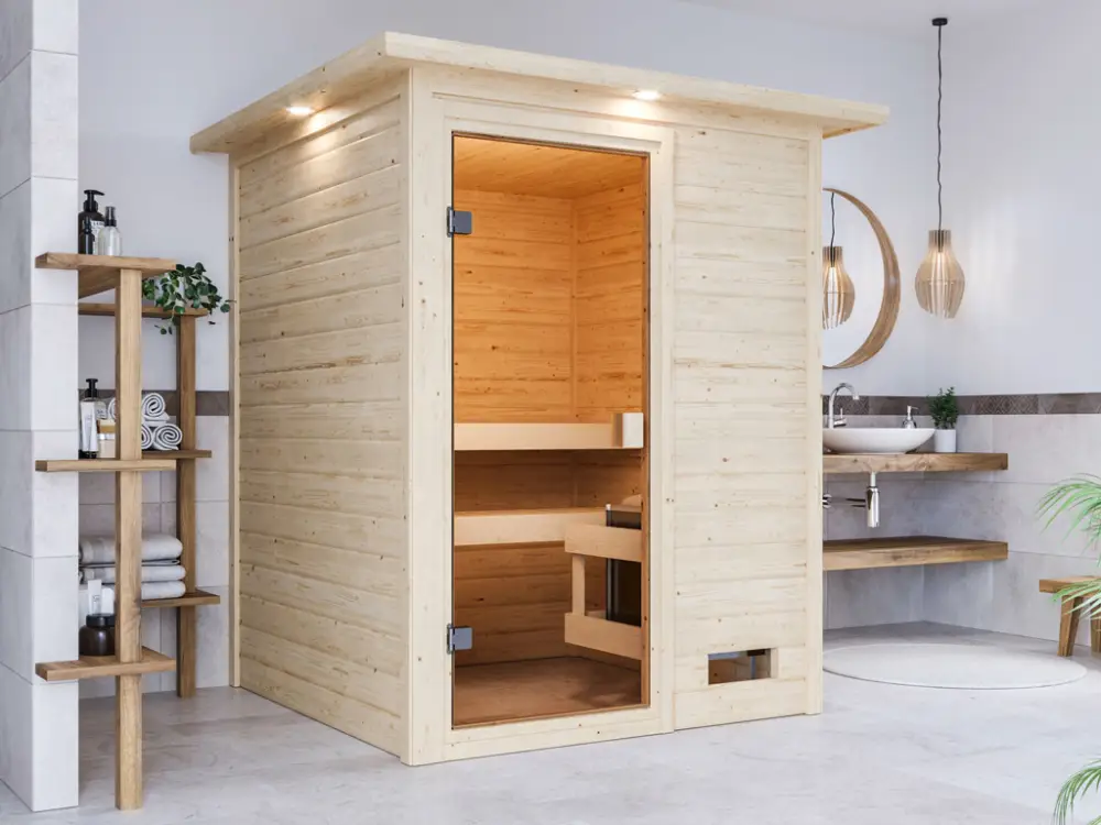 Goedkoop Sauna Sandra met gebronsde glazen deur en dakkraag