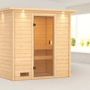Sauna Selena met gebronsde glazen deur en dakkraag Merkproduct