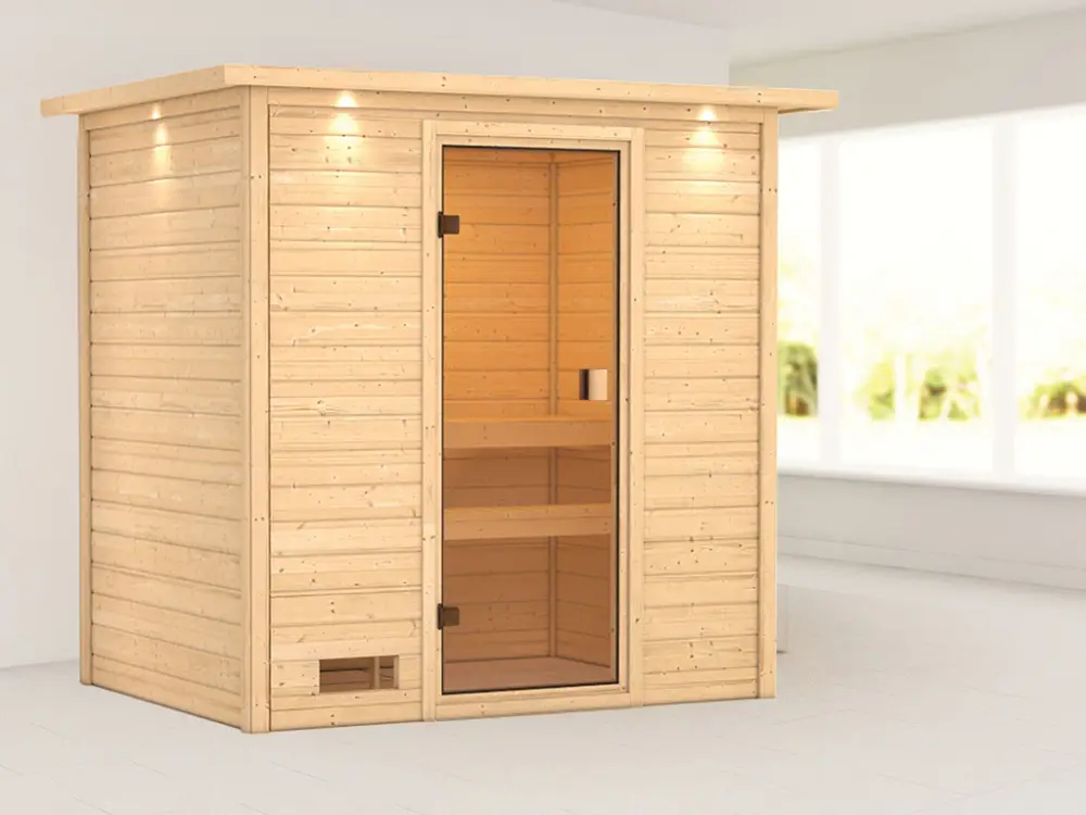 Sauna Selena met gebronsde glazen deur en dakkraag Merkproduct
