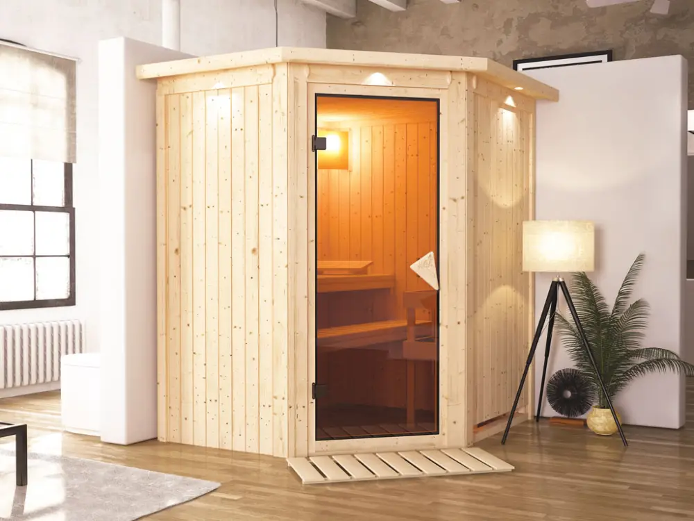 Systeemsauna Taurin met dakkraag, kompleet transparente gebronsde glazen deur Exclusieve Aanbieding