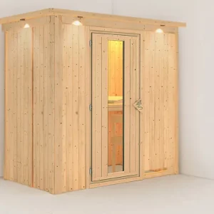Betaalbaar Systeemsauna Variado met dakkraag, houten deur met geïsoleerd glas